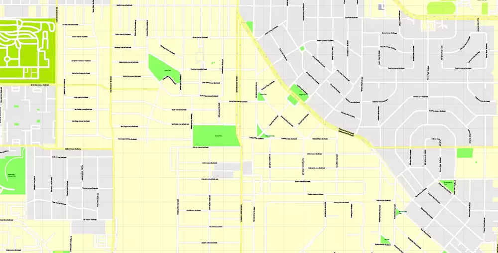 Printable Map Albuquerque, New Mexico US, exact vector City Plan Map street 100 meters scale 1:3842,  full editable, Adobe Illustrator, full vector, scalable, editable text format  street names, 17 mb ZIP