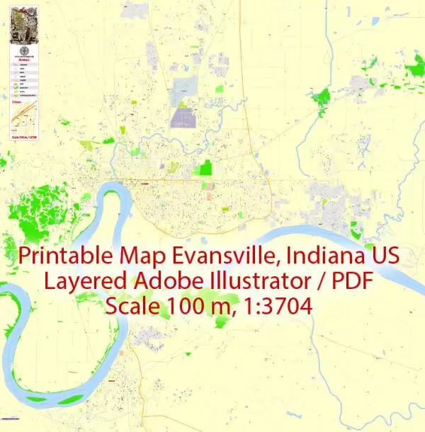 Printable Map Evansville, Indiana US, exact vector City Plan Map street G-View Level 17 (100 meters scale 1:3704) full editable, Adobe Illustrator