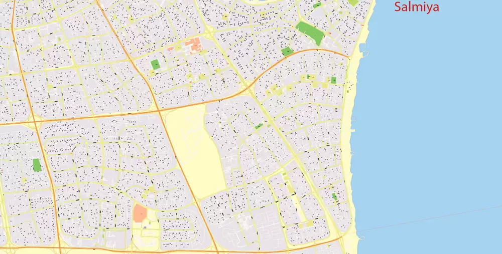 Printable Map Kuwait, exact vector street City Plan 100 meters scale, 1:4096 full editable, Adobe Illustrator scalable, curves format arabian street names, 69 Mb ZIP..