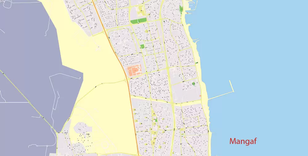 Printable Map Kuwait, exact vector street City Plan 100 meters scale, 1:4096 full editable, Adobe Illustrator scalable, curves format arabian street names, 69 Mb ZIP..
