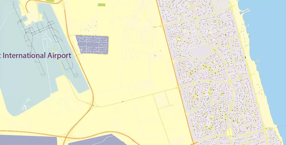 Kuwait Printable PDF Map, exact vector street City Plan 100 meters scale, 1:4096, full editable, Adobe PDF Street Map