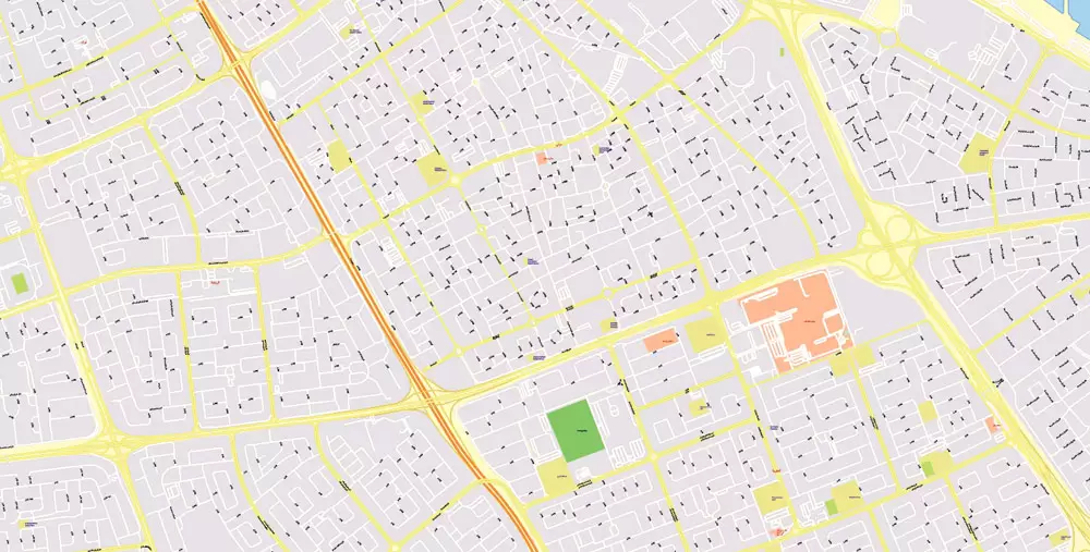 Printable Map Kuwait, exact vector street City Plan 100 meters scale, 1:4096 full editable, Adobe Illustrator scalable, curves format arabian street names, 69 Mb ZIP..