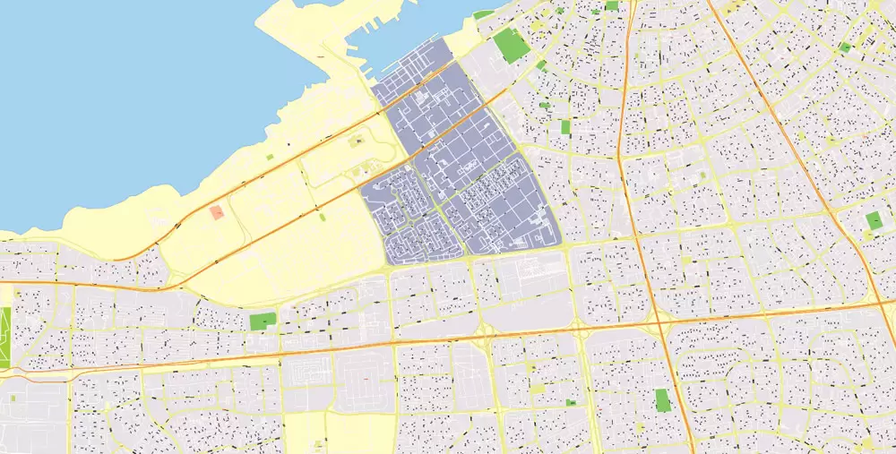 Printable Map Kuwait, exact vector street City Plan 100 meters scale, 1:4096 full editable, Adobe Illustrator scalable, curves format arabian street names, 69 Mb ZIP..