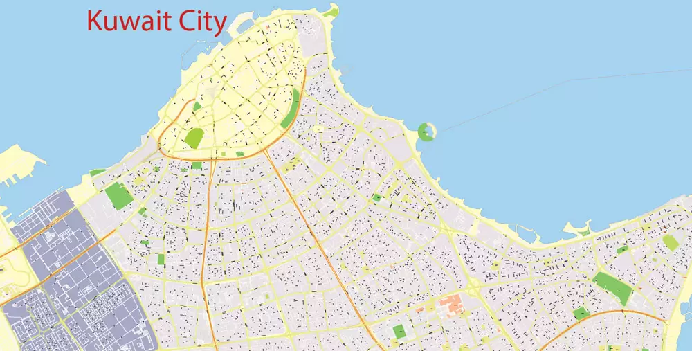 Printable Map Kuwait, exact vector street City Plan 100 meters scale, 1:4096 full editable, Adobe Illustrator scalable, curves format arabian street names, 69 Mb ZIP..