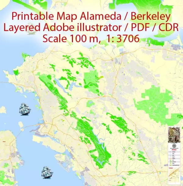Printable Map Oakland + Berkeley + Richmond + Alameda + San Leandro + Albany, California US, exact vector City Plan Map street 100 meters scale 1:3706,  full editable, Adobe Illustrator