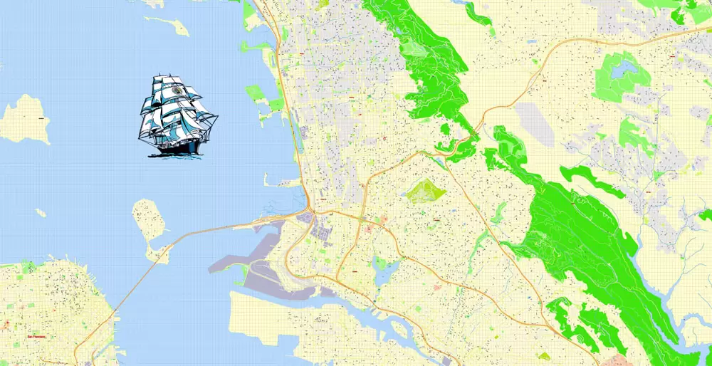 Printable Map Oakland + Berkeley + Richmond + Alameda + San Leandro + Albany, California US, exact vector City Plan Map street 100 meters scale 1:3706,  full editable, Adobe Illustrator