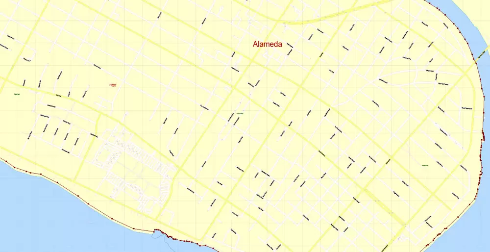 Printable Map Oakland + Berkeley + Richmond + Alameda + San Leandro + Albany, California US, exact vector City Plan Map street 100 meters scale 1:3706,  full editable, Adobe Illustrator