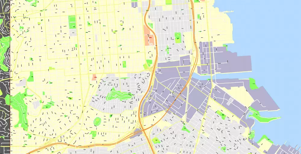 Printable Map Oakland + Berkeley + Richmond + Alameda + San Leandro + Albany, California US, exact vector City Plan Map street 100 meters scale 1:3706,  full editable, Adobe Illustrator