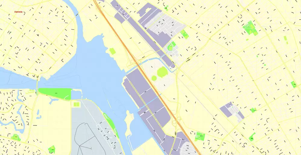 Printable Map Oakland + Berkeley + Richmond + Alameda + San Leandro + Albany, California US, exact vector City Plan Map street 100 meters scale 1:3706,  full editable, Adobe Illustrator