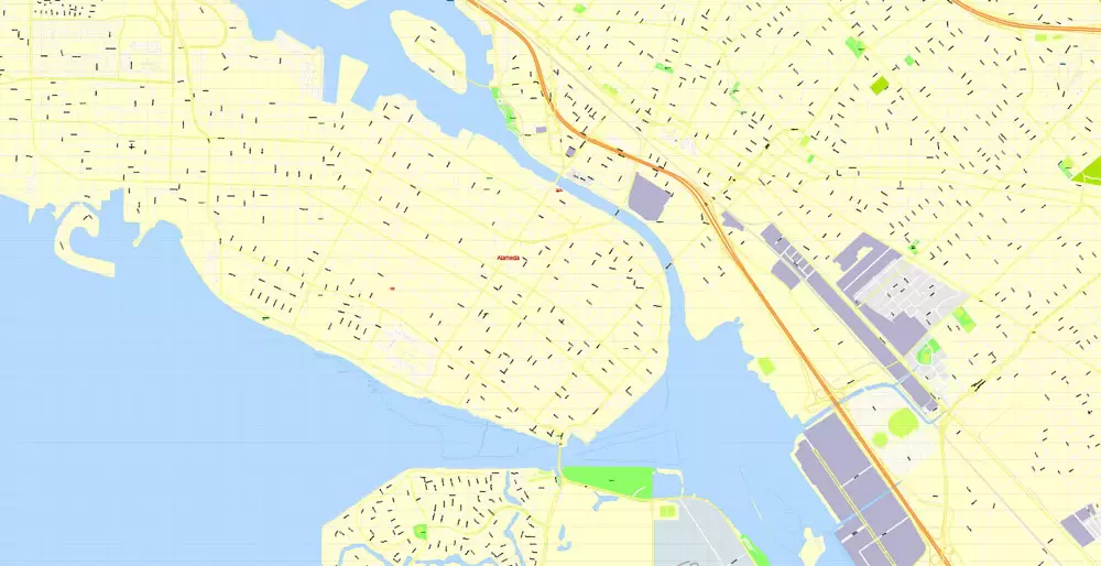 Printable Map Oakland + Berkeley + Richmond + Alameda + San Leandro + Albany, California US, exact vector City Plan Map street 100 meters scale 1:3706,  full editable, Adobe Illustrator