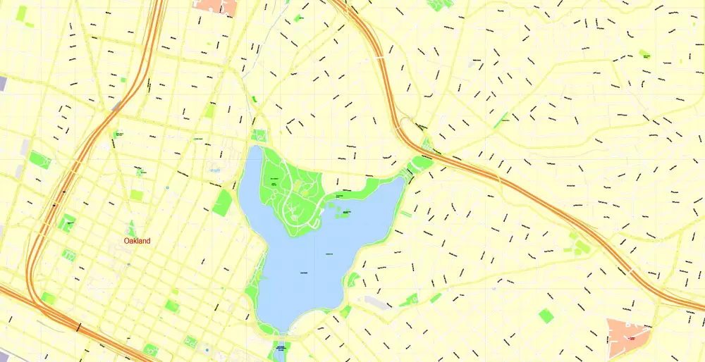 Printable Map Oakland + Berkeley + Richmond + Alameda + San Leandro + Albany, California US, exact vector City Plan Map street 100 meters scale 1:3706,  full editable, Adobe Illustrator