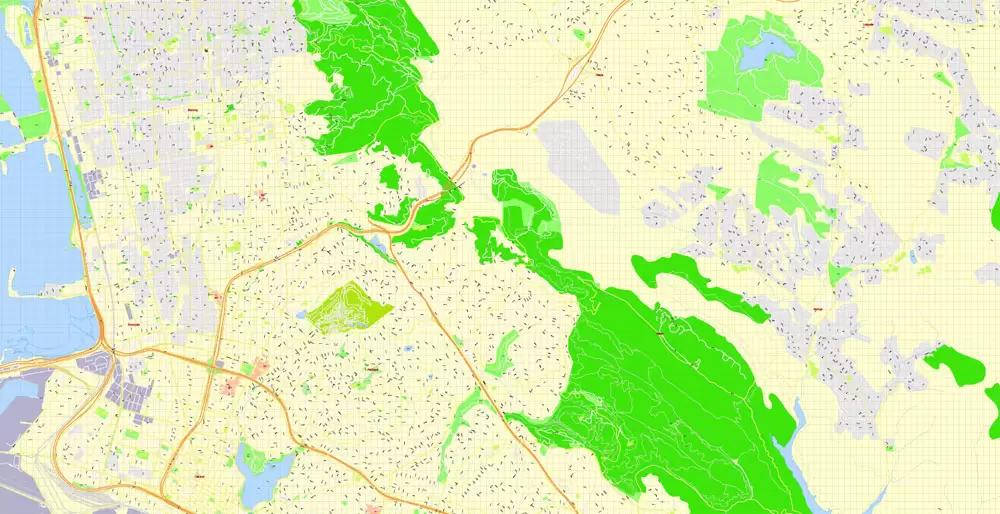 Printable Map Oakland + Berkeley + Richmond + Alameda + San Leandro + Albany, California US, exact vector City Plan Map street 100 meters scale 1:3706,  full editable, Adobe Illustrator