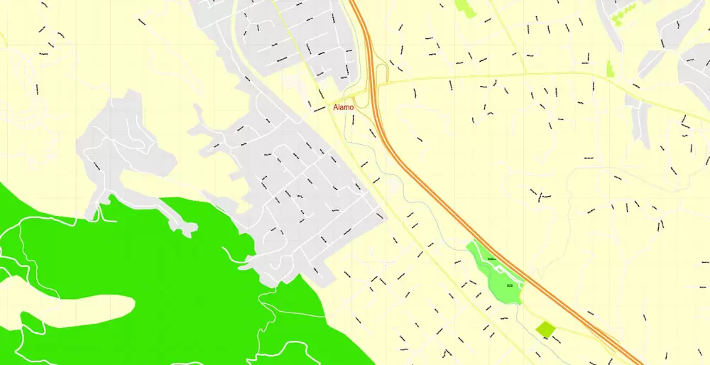 Printable Map Oakland + Berkeley + Richmond + Alameda + San Leandro + Albany, California US, exact vector City Plan Map street 100 meters scale 1:3706,  full editable, Adobe Illustrator