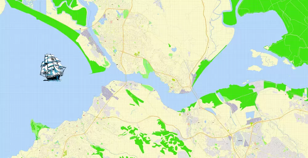Printable Map Oakland + Berkeley + Richmond + Alameda + San Leandro + Albany, California US, exact vector City Plan Map street 100 meters scale 1:3706,  full editable, Adobe Illustrator