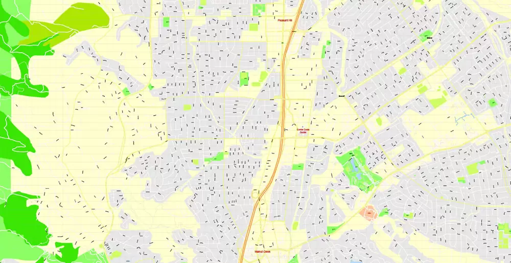 Printable Map Oakland + Berkeley + Richmond + Alameda + San Leandro + Albany, California US, exact vector City Plan Map street 100 meters scale 1:3706,  full editable, Adobe Illustrator