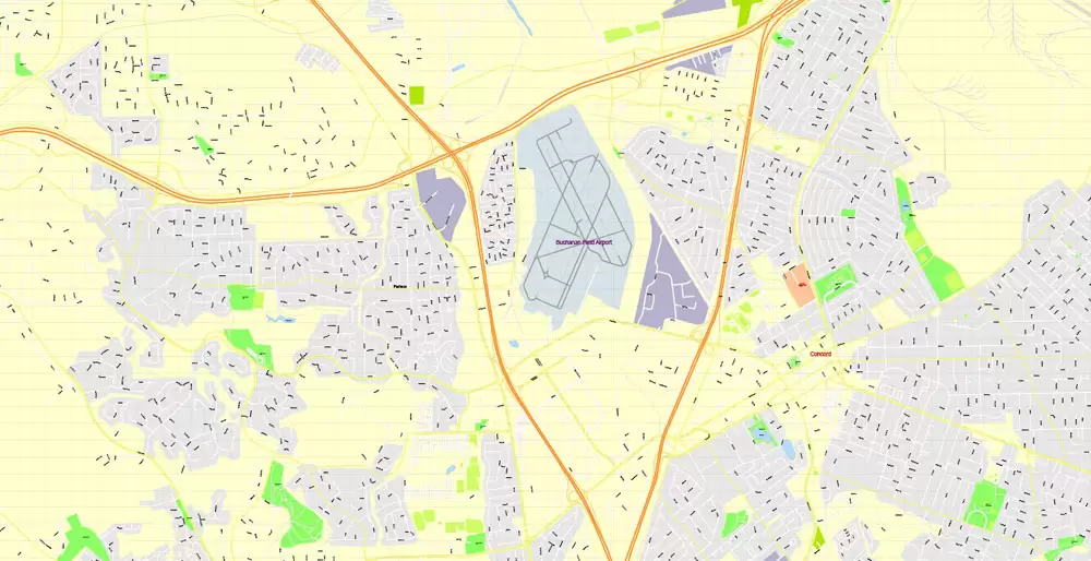 Printable Map Oakland + Berkeley + Richmond + Alameda + San Leandro + Albany, California US, exact vector City Plan Map street 100 meters scale 1:3706,  full editable, Adobe Illustrator