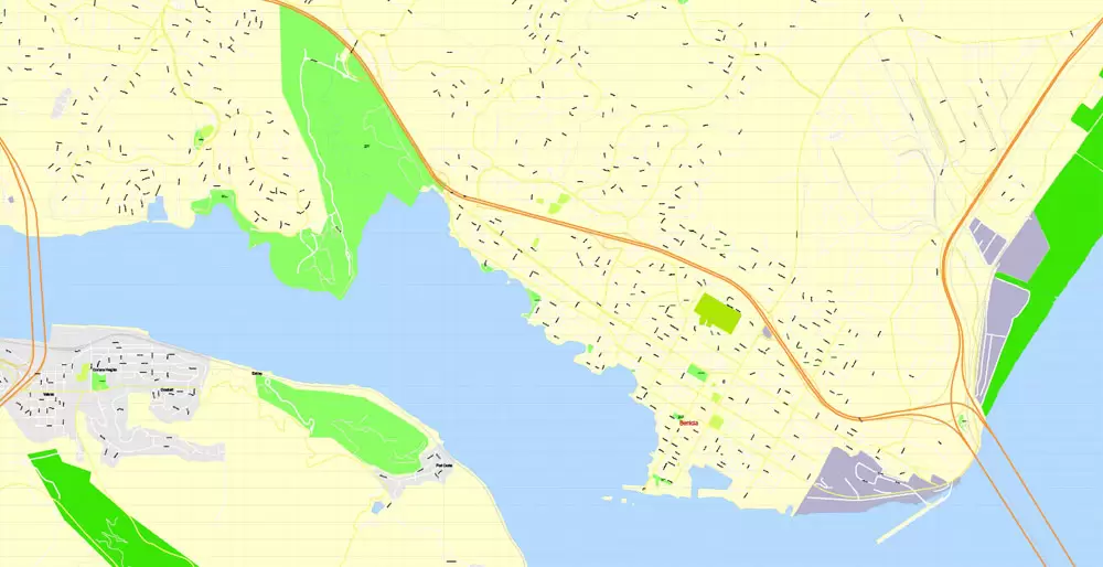Printable Map Oakland + Berkeley + Richmond + Alameda + San Leandro + Albany, California US, exact vector City Plan Map street 100 meters scale 1:3706,  full editable, Adobe Illustrator
