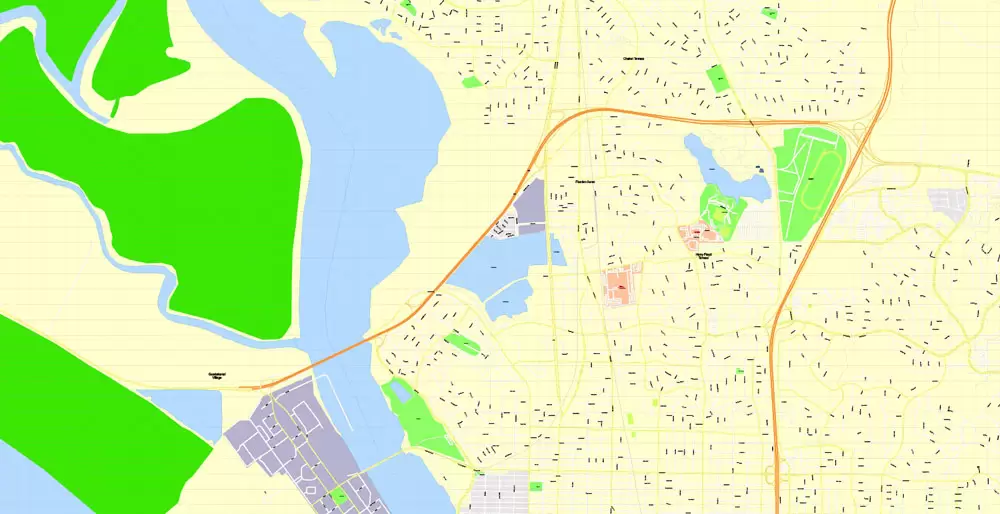 Printable Map Oakland + Berkeley + Richmond + Alameda + San Leandro + Albany, California US, exact vector City Plan Map street 100 meters scale 1:3706,  full editable, Adobe Illustrator