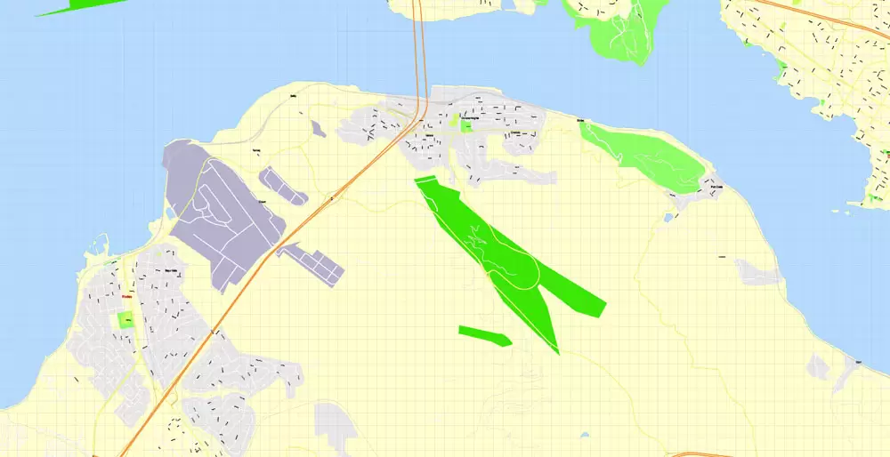 Printable Map Oakland + Berkeley + Richmond + Alameda + San Leandro + Albany, California US, exact vector City Plan Map street 100 meters scale 1:3706,  full editable, Adobe Illustrator