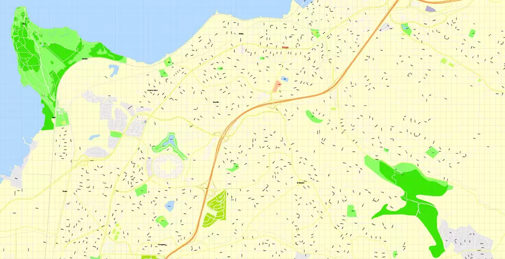 Printable Map Oakland + Berkeley + Richmond + Alameda + San Leandro + Albany, California US, exact vector City Plan Map street 100 meters scale 1:3706,  full editable, Adobe Illustrator
