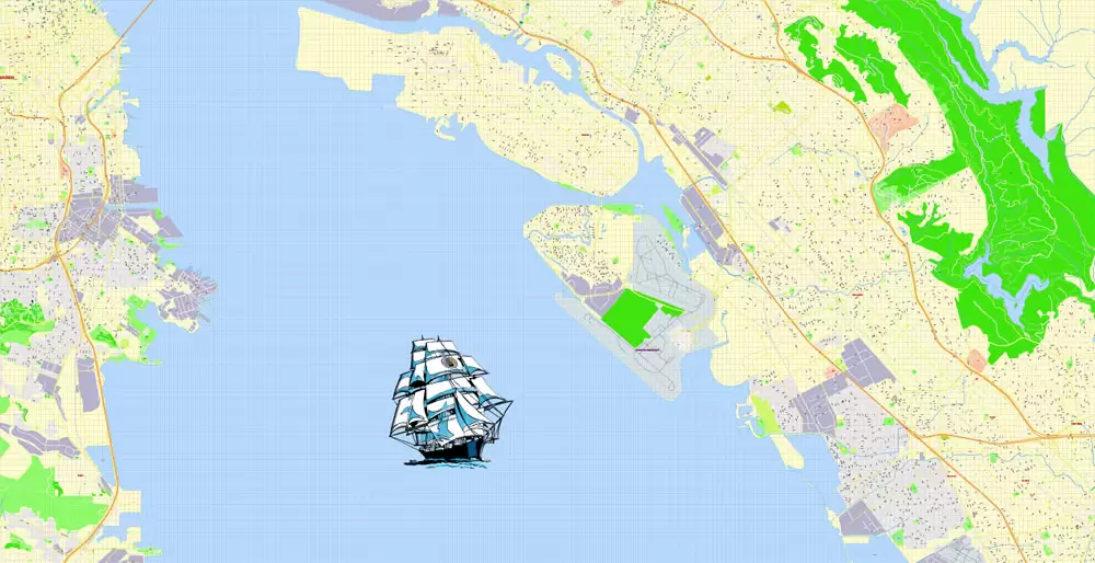 Printable Map Oakland + Berkeley + Richmond + Alameda + San Leandro + Albany, California US, exact vector City Plan Map street 100 meters scale 1:3706,  full editable, Adobe Illustrator