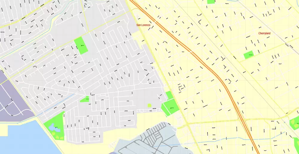 Printable Map Oakland + Berkeley + Richmond + Alameda + San Leandro + Albany, California US, exact vector City Plan Map street 100 meters scale 1:3706,  full editable, Adobe Illustrator