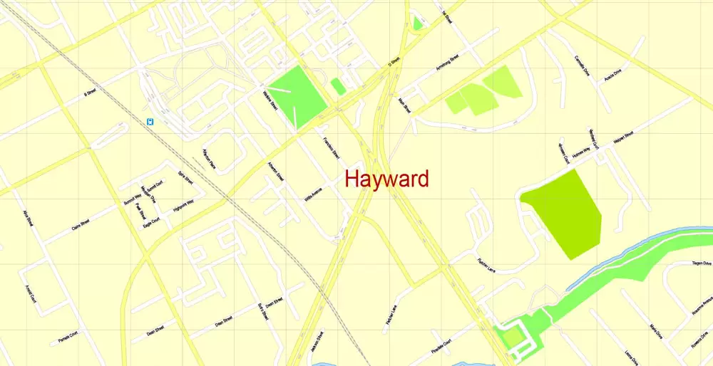 Printable Map Oakland + Berkeley + Richmond + Alameda + San Leandro + Albany, California US, exact vector City Plan Map street 100 meters scale 1:3706,  full editable, Adobe Illustrator