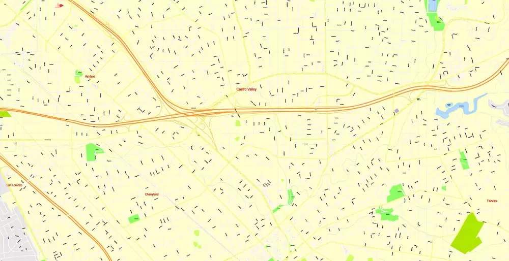 Printable Map Oakland + Berkeley + Richmond + Alameda + San Leandro + Albany, California US, exact vector City Plan Map street 100 meters scale 1:3706,  full editable, Adobe Illustrator