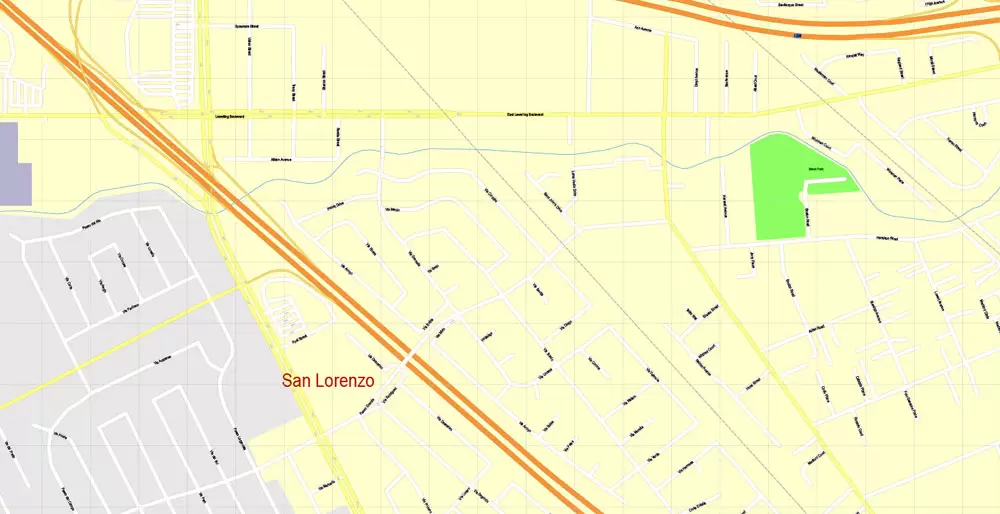 Printable Map Oakland + Berkeley + Richmond + Alameda + San Leandro + Albany, California US, exact vector City Plan Map street 100 meters scale 1:3706,  full editable, Adobe Illustrator