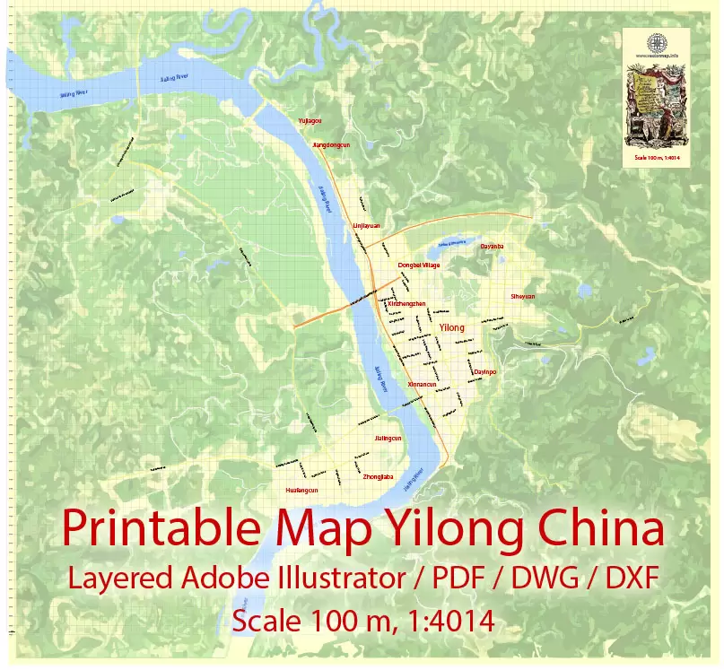 Printable Map Yilong Cnina, exact vector City Plan Map street Level 17 (100 meters scale 1:4686) full editable, Adobe Illustrator, PDF, DWG and DXF in 1 archive