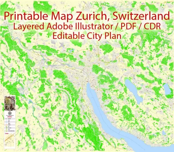 Printable Map Zurich Switzerland, exact vector street G-View Level 17 map (100 meters scale, 1:3170), full editable, Adobe Illustrator