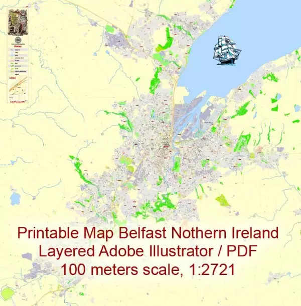 Printable Vector Map Belfast Metropolitan Area, Northern Ireland, exact detailed City Plan with Buildings, 100 meters scale map  1:2721, editable Layered Adobe Illustrator