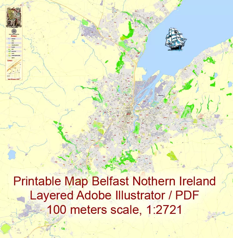 Printable Vector Map Belfast Metropolitan Area, Northern Ireland, exact detailed City Plan with Buildings, 100 meters scale map 1:2721, editable Layered Adobe Illustrator