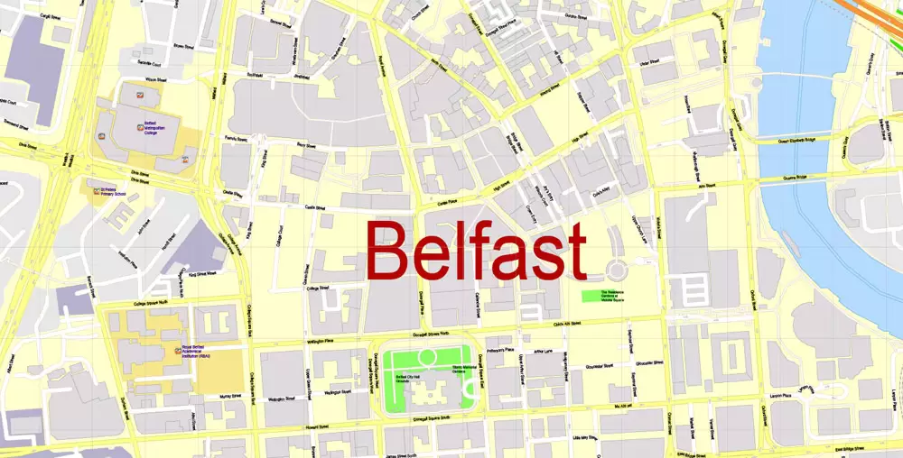 Printable Vector Map Belfast Metropolitan Area, Northern Ireland, exact detailed City Plan with Buildings, 100 meters scale map 1:2721, editable Layered Adobe Illustrator