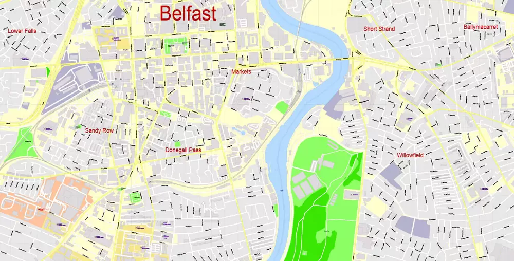 Printable Vector Map Belfast Metropolitan Area, Northern Ireland, exact detailed City Plan with Buildings, 100 meters scale map 1:2721, editable Layered Adobe Illustrator