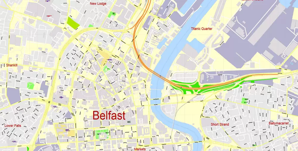 Printable Vector Map Belfast Metropolitan Area, Northern Ireland, exact detailed City Plan with Buildings, 100 meters scale map 1:2721, editable Layered Adobe Illustrator