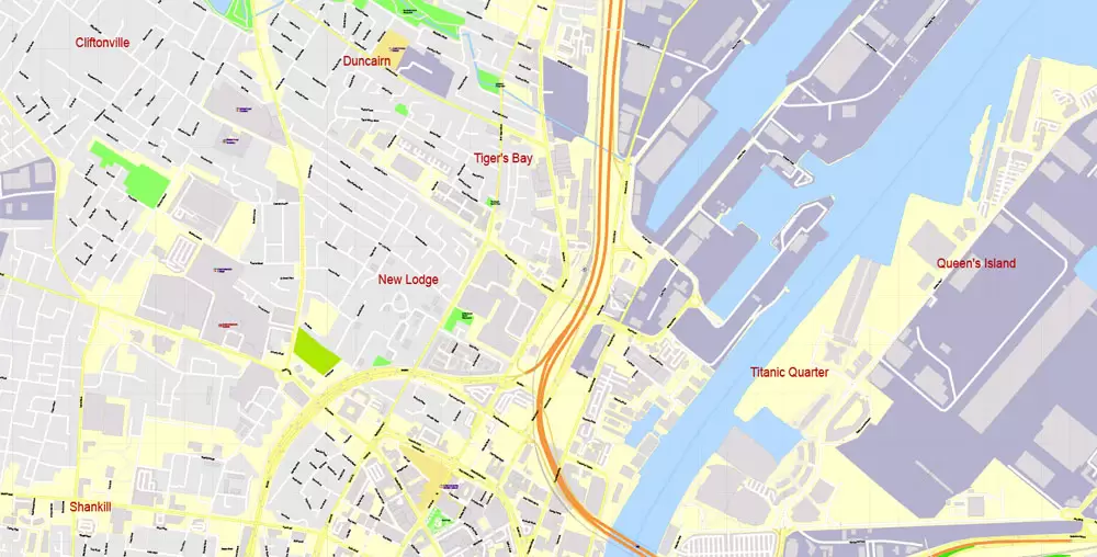 Printable Vector Map Belfast Metropolitan Area, Northern Ireland, exact detailed City Plan with Buildings, 100 meters scale map 1:2721, editable Layered Adobe Illustrator