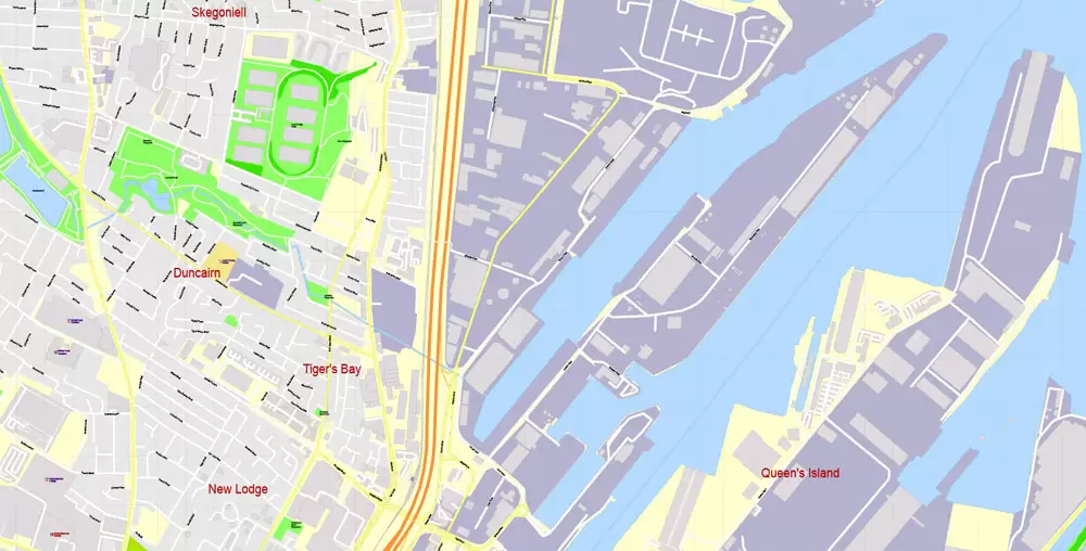 Printable Vector Map Belfast Metropolitan Area, Northern Ireland, exact detailed City Plan with Buildings, 100 meters scale map 1:2721, editable Layered Adobe Illustrator