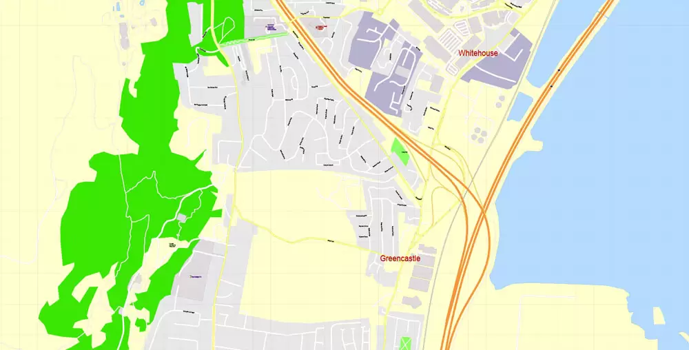 Printable Vector Map Belfast Metropolitan Area, Northern Ireland, exact detailed City Plan with Buildings, 100 meters scale map 1:2721, editable Layered Adobe Illustrator