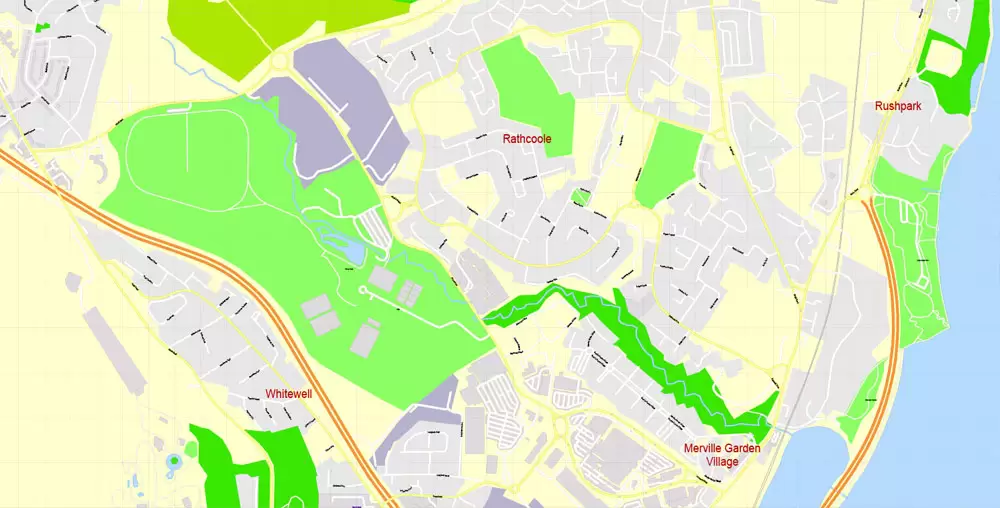 Printable Vector Map Belfast Metropolitan Area, Northern Ireland, exact detailed City Plan with Buildings, 100 meters scale map 1:2721, editable Layered Adobe Illustrator