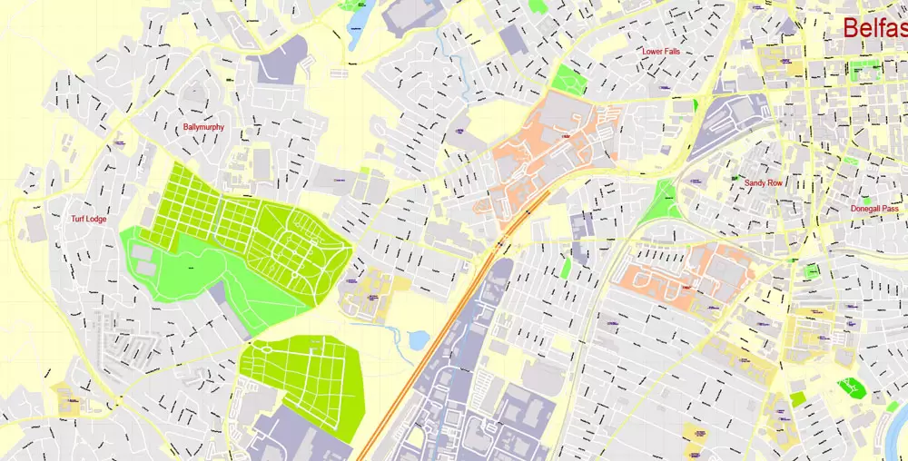 Printable Vector Map Belfast Metropolitan Area, Northern Ireland, exact detailed City Plan with Buildings, 100 meters scale map 1:2721, editable Layered Adobe Illustrator