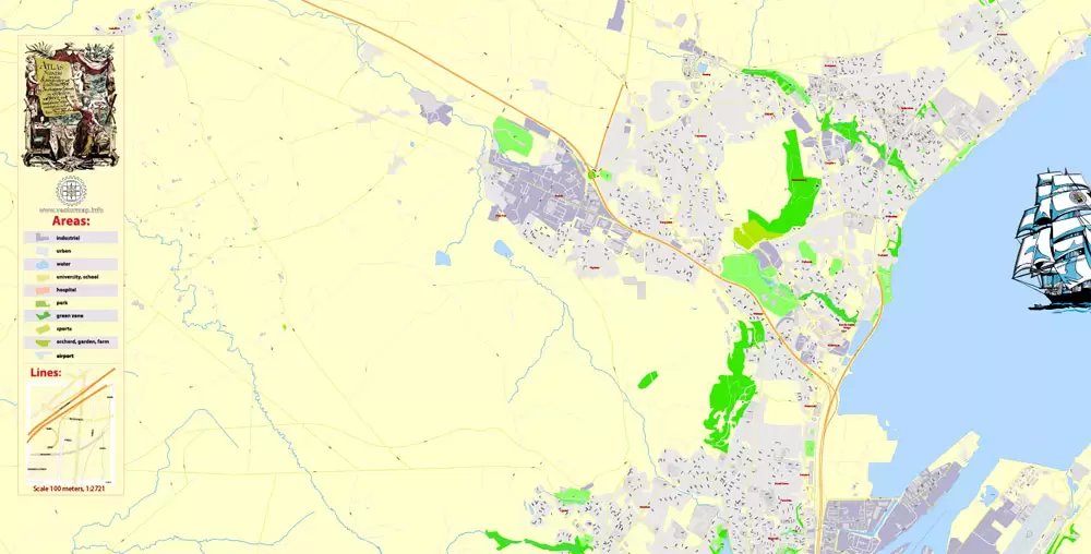 Printable Vector Map Belfast Metropolitan Area, Northern Ireland, exact detailed City Plan with Buildings, 100 meters scale map 1:2721, editable Layered Adobe Illustrator