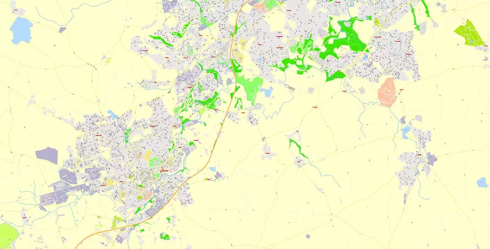Printable Vector Map Belfast Metropolitan Area, Northern Ireland, exact detailed City Plan with Buildings, 100 meters scale map 1:2721, editable Layered Adobe Illustrator