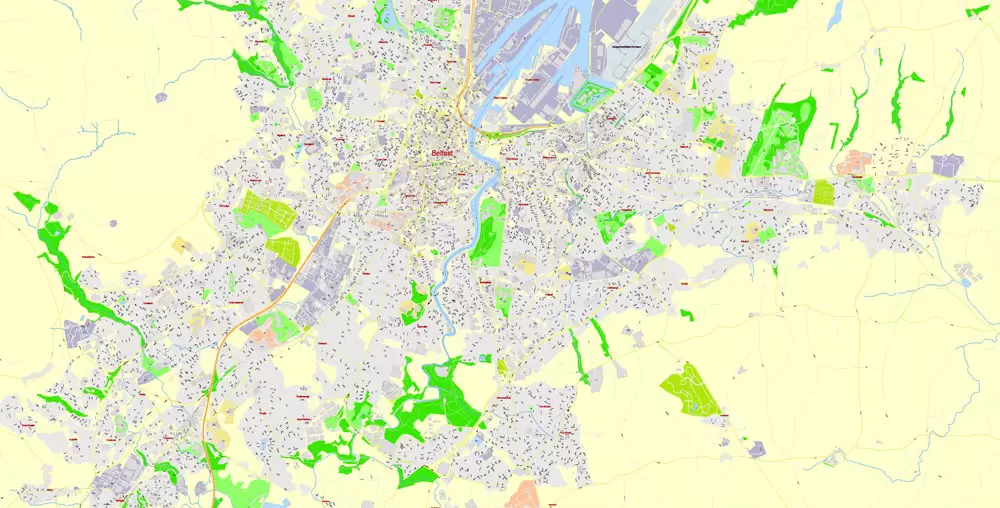 Printable Vector Map Belfast Metropolitan Area, Northern Ireland, exact detailed City Plan with Buildings, 100 meters scale map 1:2721, editable Layered Adobe Illustrator