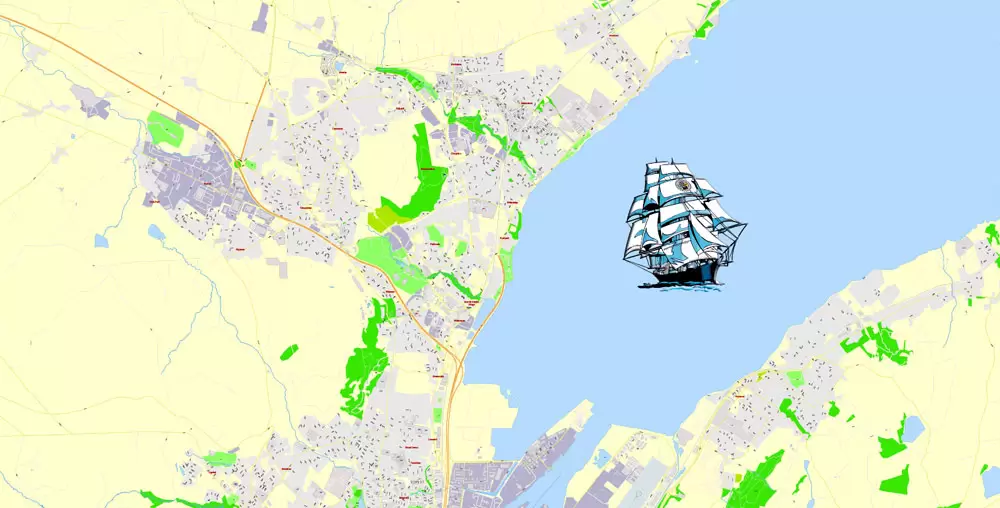 Printable Vector Map Belfast Metropolitan Area, Northern Ireland, exact detailed City Plan with Buildings, 100 meters scale map 1:2721, editable Layered Adobe Illustrator