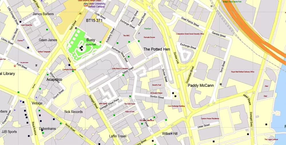 Printable Vector Map Belfast Metropolitan Area, Northern Ireland, exact detailed City Plan with Buildings, 100 meters scale map 1:2721, editable Layered Adobe Illustrator