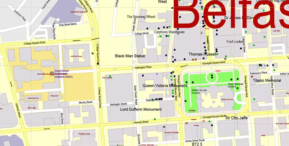 Printable Vector Map Belfast Metropolitan Area, Northern Ireland, exact detailed City Plan with Buildings, 100 meters scale map 1:2721, editable Layered Adobe Illustrator