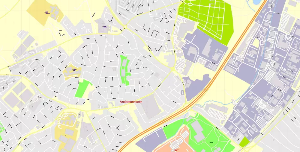 Printable Vector Map Belfast Metropolitan Area, Northern Ireland, exact detailed City Plan with Buildings, 100 meters scale map 1:2721, editable Layered Adobe Illustrator