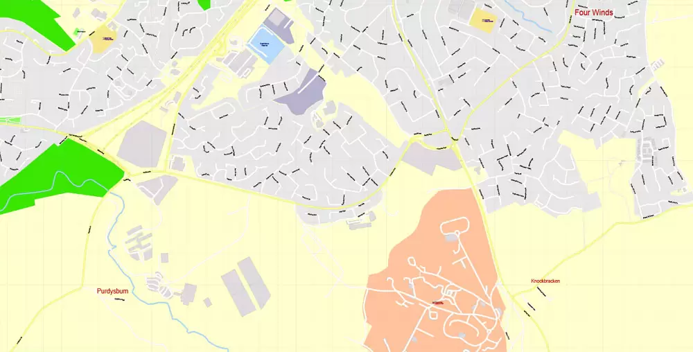 Printable Vector Map Belfast Metropolitan Area, Northern Ireland, exact detailed City Plan with Buildings, 100 meters scale map 1:2721, editable Layered Adobe Illustrator