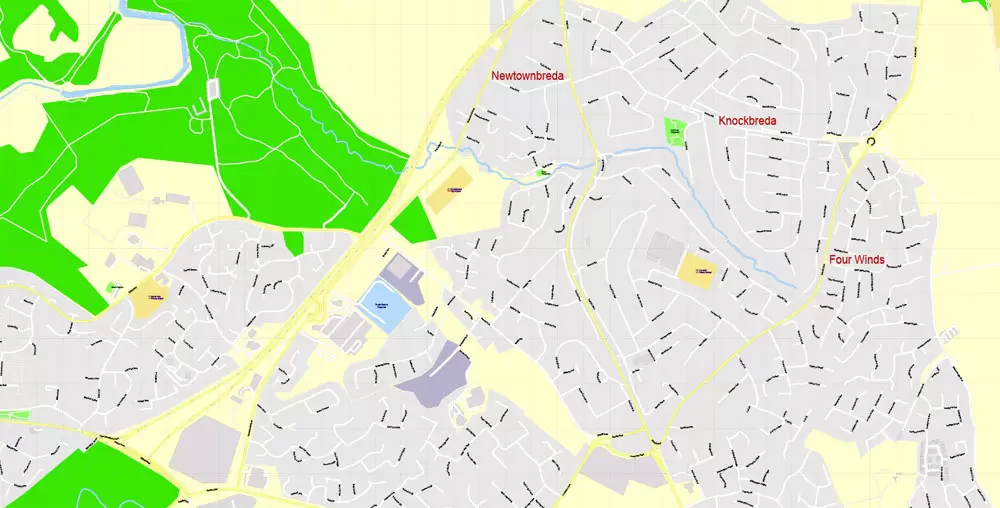 Printable Vector Map Belfast Metropolitan Area, Northern Ireland, exact detailed City Plan with Buildings, 100 meters scale map 1:2721, editable Layered Adobe Illustrator